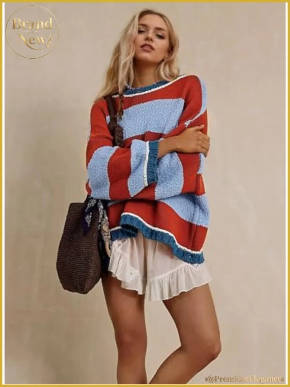 Women's Color Block Striped Crewneck Sweater, Cotton Blend Knit Pullover, Long